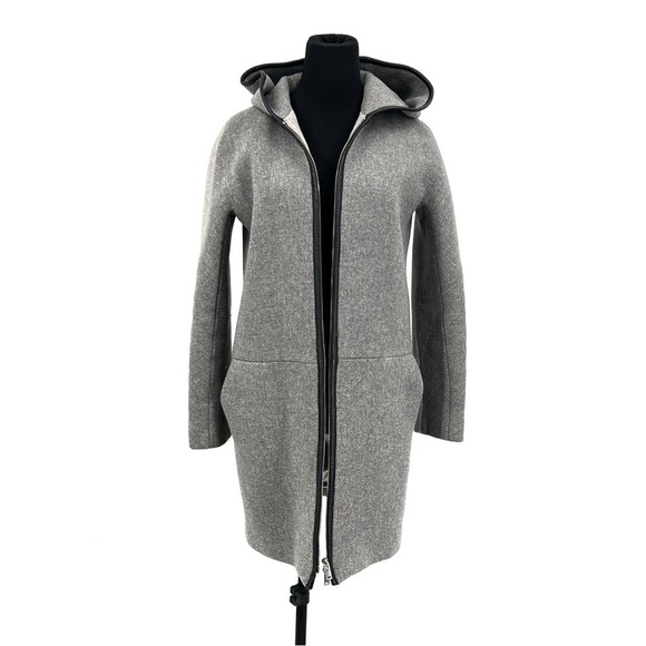 J Crew Nello Gori Stadium Cloth Hooded Coat Sz 2 Gray Colorblock Leather Trim - Picture 1 of 6